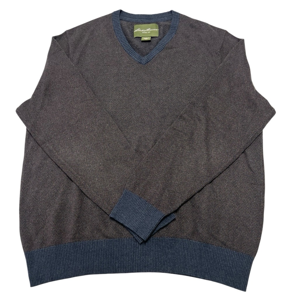 Eddie Bauer Sweater Y2K VTG Men's XL Cashmere Cotton V-Neck Herringbone Gray - Picture 1 of 4